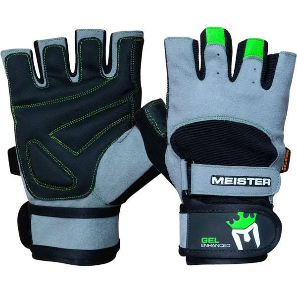 Wrist Wrap Weight Lifting Gloves w Gel Padding Gray Neon Meister